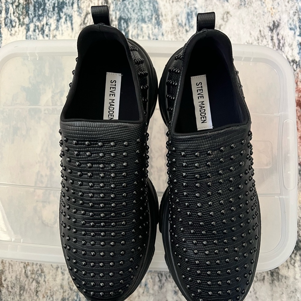Black Studded Women's Slip-On Shoes - Picture 2 of 5